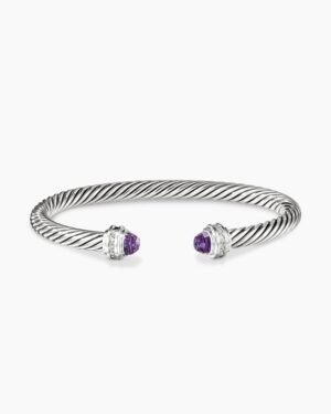Classic Cable Bracelet Sterling Silver with Amethyst and Diamonds, 5mm
