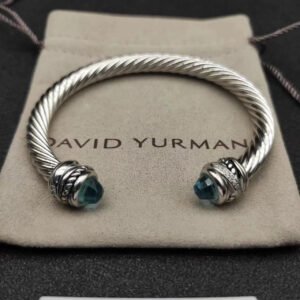 Classic Cable Bracelet Sterling Silver with Blue Topaz and Diamonds, 7mm