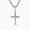 Classic Cable Cross Pendant Sterling Silver with Center Diamond, 19.5mm