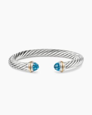 Classic Cable Bracelet Sterling Silver with 14K Yellow Gold and Blue Topaz, 7mm