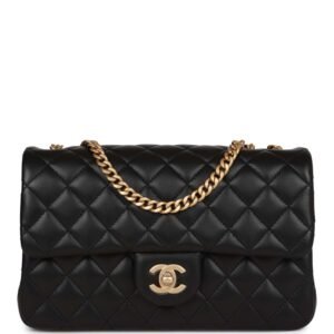 Medium Camellia Crush Flap Bag Black Lambskin Antique Gold Hardware