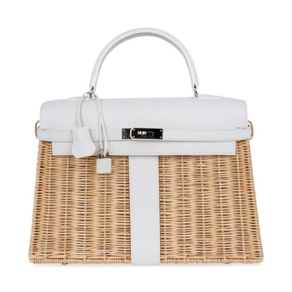 Kelly 35 Picnic Bag White Swift Leather / Osier (Wicker) Limited Edition
