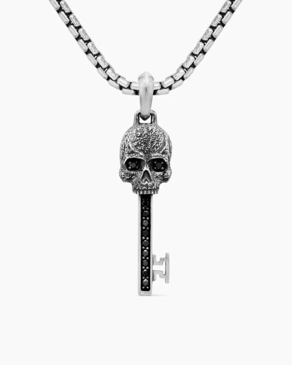 Memento Mori Skull Key Amulet Sterling Silver with Black Diamonds,