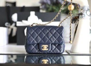 Chanel Mini Flap Bag With CC Ball On Strap Navy Blue For Women, Women&rsquo;s Handbags, Shoulder And Crossbody Bags 6.7in/17cm AS1786