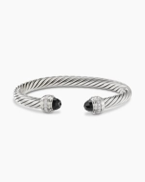 Classic Cable Bracelet Sterling Silver with Black Onyx and Diamonds, 7mm