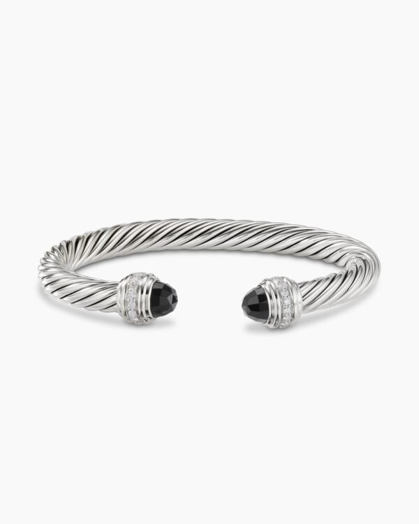 Classic Cable Bracelet Sterling Silver with Black Onyx and Diamonds, 7mm