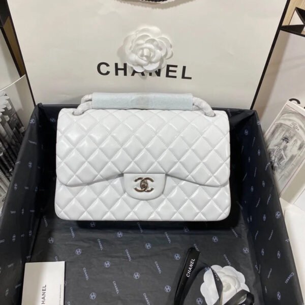 Chanel Large Classic Handbag Silver Hardware White For Women, Women&rsquo;s Handbags, Shoulder Bags 11.8in/30cm