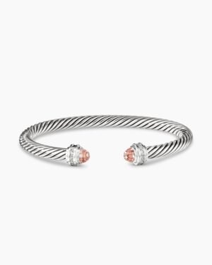 Classic Cable Bracelet Sterling Silver with Morganite and Diamonds, 5mm