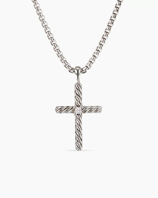 Classic Cable Cross Necklace Sterling Silver with Center Diamond, 24.3mm
