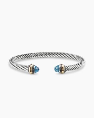 Classic Cable Bracelet Sterling Silver with 14K Yellow Gold and Blue Topaz, 5mm