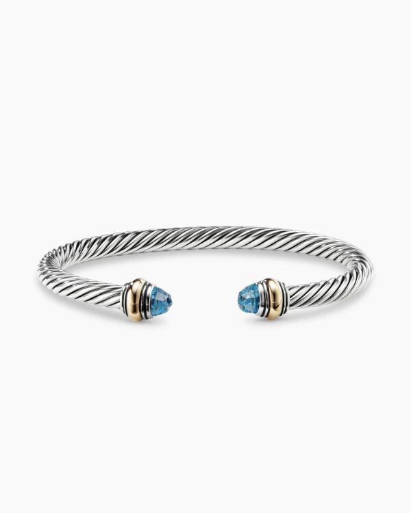 Classic Cable Bracelet Sterling Silver with 14K Yellow Gold and Blue Topaz, 5mm