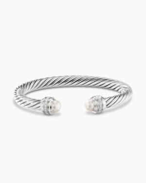 Classic Cable Bracelet Sterling Silver with Pearls and Diamonds, 7mm