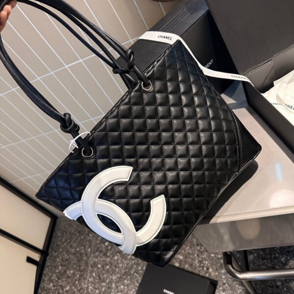 CHANEL Calfskin Quilted Large Cambon Tote Black White