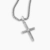 Classic Cable Cross Pendant Sterling Silver with Center Diamond, 19.5mm