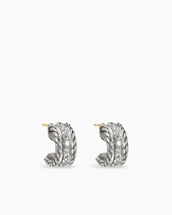 Cable Collectibles&reg; Huggie Hoop Earrings Sterling Silver with Pave Diamonds, 11.4mm