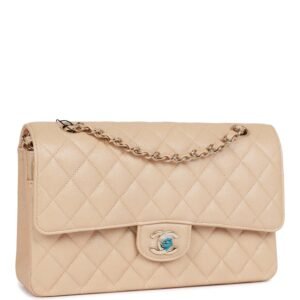 Medium Classic Double Flap Bag Beige Iridescent Caviar Light Gold Hardware