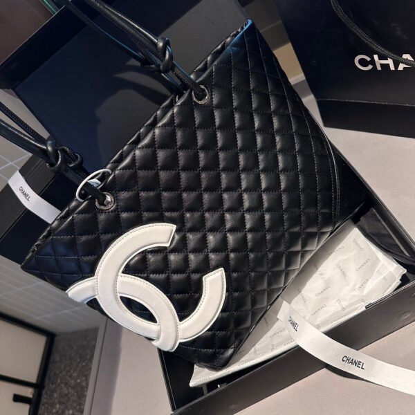 CHANEL Calfskin Quilted Large Cambon Tote Black White